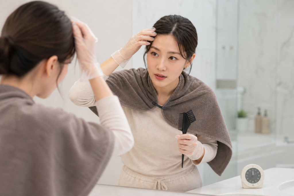 거울 앞에서 염색 도중 손끝으로 두피 상태를 조심스럽게 살펴보는 여성
